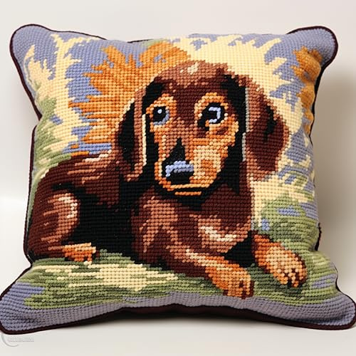 Dachshund Dog Latch Hook Kits Pillow with Printed Canvas Handmade Cushion Crochet Yarn Embroidery Hook and Latch Kit Pillowcase Christmas Decoration 43x43cm(1)