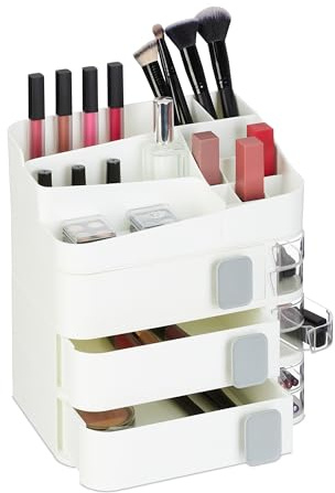 Relaxdays Make Up Organizer, 24 Fächer, Kosmetik Aufbewahrung, Kunststoff, HxBxT: 27,5x26x21 cm, Kosmetikorganizer, weiß