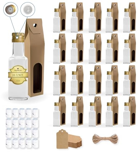 Espirito Rebelde - 20 botellas de cristal de 125 ml con tapón de rosca dorado con boquilla vertedora + 20 cajas - Mini botellas para aceite de oliva, vinagre, alcohol, salsas, poción mágica - Muestras