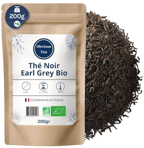 Thé Noir Earl Grey Bio - Thé Vegan en Vrac, 100% Naturel, Sans OGM - Agriculture Biologique - Conditionné en France - Sachet 200 gr (100 Tasses)