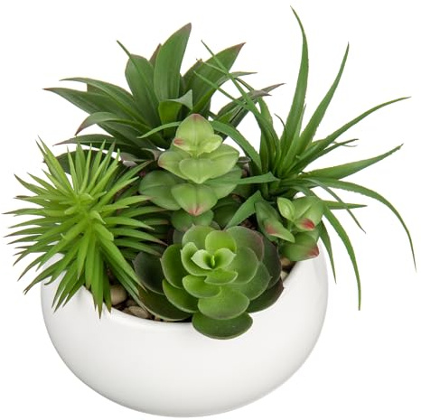 Arborus Fake Plants 17cm Artificial Succulent Plants in White Ceramic Pot Faux Succulents Artificial Succulents Potting Small Artificial Plants in Pot for Office Home Bathroom Shelf Decor