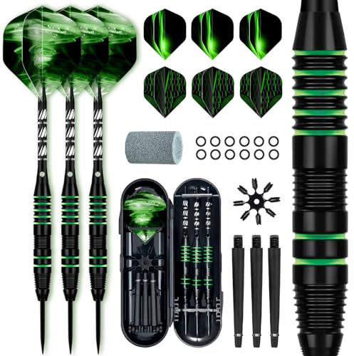 XAWU 3-pack stålspetspilar, 22 gram med 9 pilflygningar, 3 aluminiumaxlar, 3 nylonstång, 1 dartpennvässare, 12 gummiringar, flygskydd och presentförpackning (22 g grön och svart)