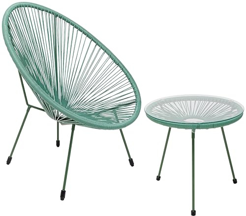 Kare Design Gartenmöbel 2er Set Acapulco Mono Grün, Indoor Outdoor, Retro | Sessel mit Beistelltisch, Gartenstuhl Sitzgruppe, Lounge-Möbel für Garten, Balkon, Terrasse, Grünes Stahlgestell, Glas