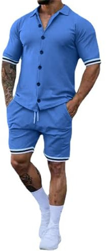 Sportshirt Herren Casual Mode 2-Teiliges Set Herren Streatwear Trainingsanzüge Für Herren Sportanzug Herren Klassisch Trend T-Shirts Für Herren Set G-Light Blue 4XL