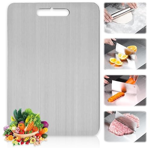 Planche à découper en titane, en acier inoxydable 304 de qualité alimentaire, planche à découper hygiénique en métal avec trou de suspension et bord rond pour viande, fruits, légumes (20 x 29 cm)