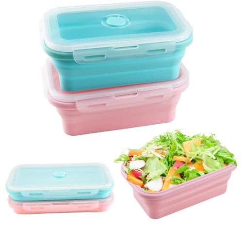 Cragmut 2 Pièces Boîtes à Déjeuner Pliables, 800ML Récipients Pliables en Silicone avec Couvercles Boîte à Lunch Pliable Anti-Fuite pour Bureau Camping Pique-Nique (Bleu, Rose)