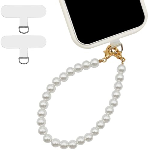 XYQMLY Pearl Beaded Phone Wrist Strap, Universal Cell Phone Lanyard, Anti Lost Phones Lanyard with 2 Pcs Phones Patches, Compatible with Most Cell Phones and Phone Case