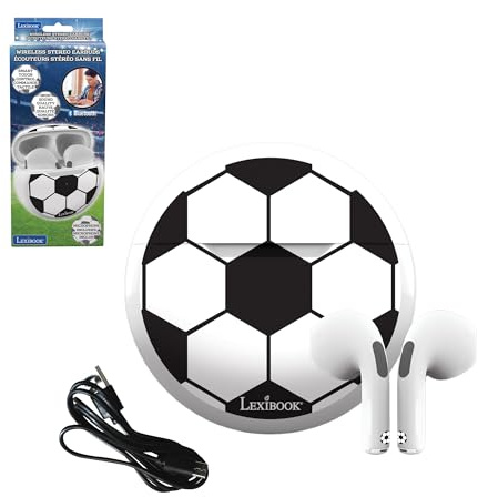 Lexibook, Football Écouteurs sans Fil, HPBT05FO | Commande tactile, Étui de charge, micro intégré, limite 85dB, Noir/Blanc