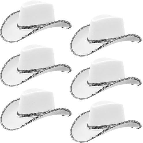 6 Stück Weiße Cowgirl Hüte für Damen, Cowboyhut Set mit Glitzerbesatz, Western Partyhüte für Erwachsene, JGA Zubehör für Junggesellinnenabschied, Hochzeit, Geburtstag, Kostümparty, Karneval, Fasching