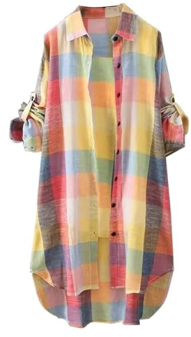 Plaid Shirts for Women UK Plus Size Button Long Sleeve Summer Cardigan Casual Loose Fit Flowy Hem Tunic Tops Elegant Collar Lapel Beach Wear Blouse Ladies Plaid Tee Shirt