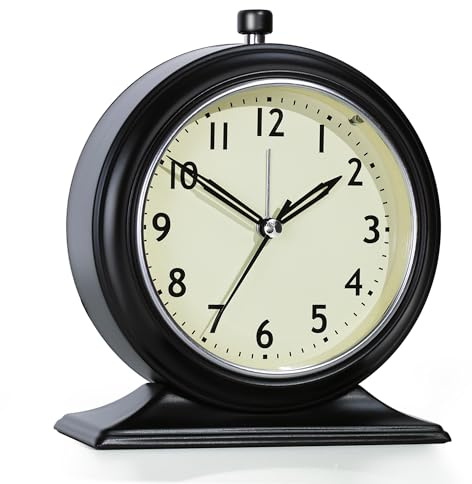 AYRELY® Petit réveil analogique de 10,2 cm – Horloge de bureau vintage silencieuse à piles avec veilleuse – Horloge de table en métal pour la maison, la chambre à coucher, l'étagère (noir)