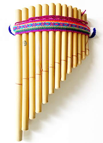 Traditional Peruvian Pan Flute, 13 Tubes, Natural Finish with Colorful Woven Band