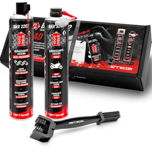 ERRECOM 1000 Miglia Clean&Lube Kit Chaîne Moto Road ; Comprend Dégraissant Chaîne Cylindre Haute Pression 750mL + Lubrifiant Chaîne Moto de Rue 750mL + Huggie System et Rallonge 90°+ Brosse + Gants