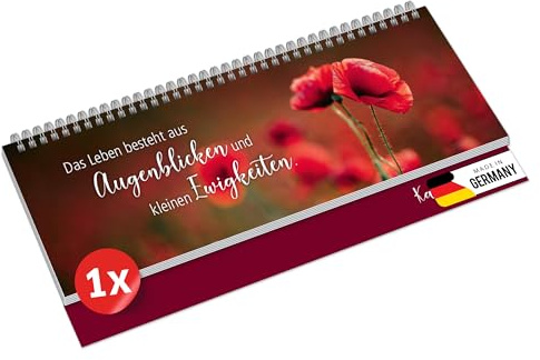 PRIMUS PRINT Bordskalender 2026 liggande veckokalender – 64 sidor möteskalender och årskalender – 297 x 130 mm – 75 g naturpapper, trådkambindning, helgdagar och skolsemester – [Individuell – vallmo]