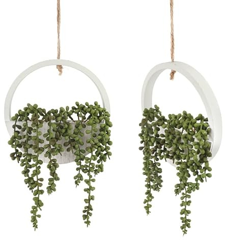 crayfomo Hanging Plant Artificial Succulents,2pcs Faux String of Pearls Plants in Pot with 8.3Inch Lanyard for Indoor Outdoor Wall Decor