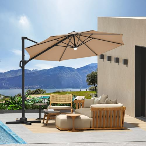Garvee Cantilever Patio Umbrella 10 ft Large Round Umbrella Outdoor Market Umbrellas 360°Rotation Offset Hanging Outdoor Shade for Patio (Brown)