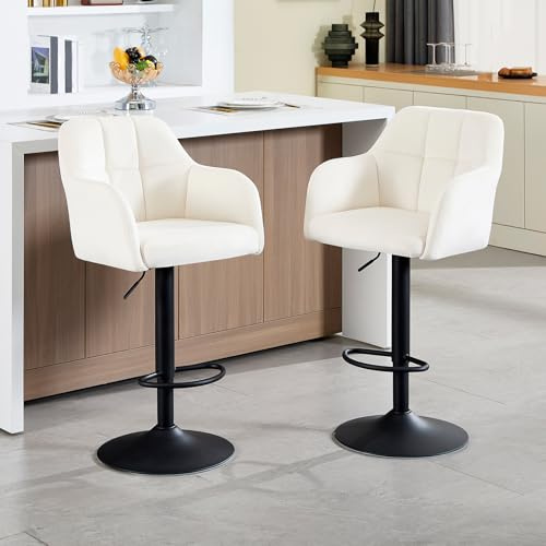 KHISCHMO Barhocker 2er Set aus Samt, Höhenverstellbar, 360° drehbar, Gepolsterter Barstuhl mit Armlehnen und Fußstütze, Metallgestell, Tresenhocker für Küche, Kücheninsel und Esszimmer, Weiß