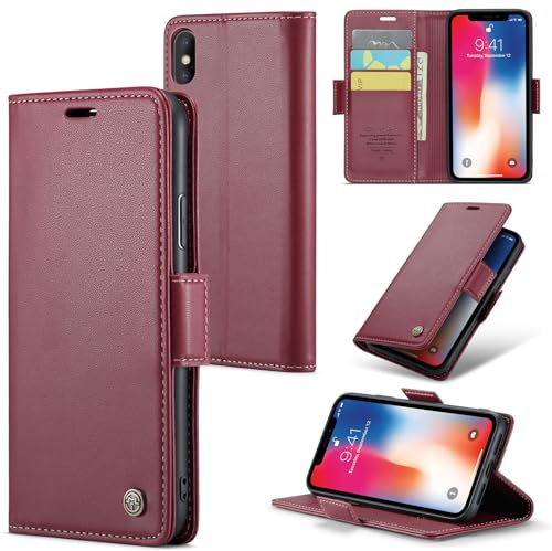 Rerzoiro Handyhülle für iPhone XS Max Hülle, Premium PU Lederhülle Klappbar Flip Case [RFID Blocker] Tasche Magnet Kartenfach Klapphülle Schutzhülle für iPhone XS Max, Rot