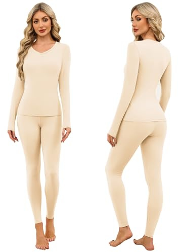 Ekouaer sous Vetement Thermique Femme Pyjama Femme Col en V Tee Shirt Manche Longue & Legging Thermique Pyjama Deux Pièces, Beige M