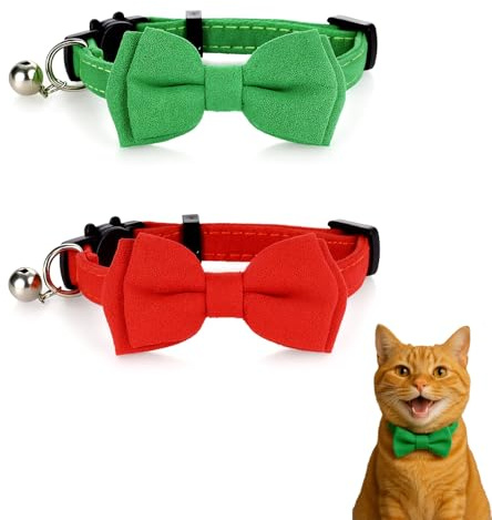 EUYKQNOI 2 Stück Halsband Katze und Katzenhalsband mit Glöckchen und Fliege, verstellbares elegantes Set für Hochzeiten, Partys und besondere Anlässe, sicher und komfortabel für alle Katzen