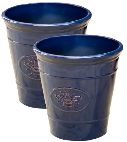 Darthome Navy Blue Embossed Bee Garden Planter 22x23x22cm Ceramic Effect Plastic Round Flower Pot (2)