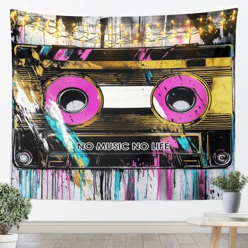 Feelyou Music Tapestry Large 59x82 Cassette Tape Music Wall Hanging Blanket Retro Trendy Wall Art for Living Room Bedroom Decoration