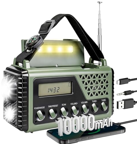 Lepealu Portable Solar Radio, 10000MAH Solar Powered Radio with USB Phone Charger, Wind Up Emergency Radio with SOS Alarm and Flashlight & Reading Lamp, AM/FM/SW Radio for Household/Outdoor Camping