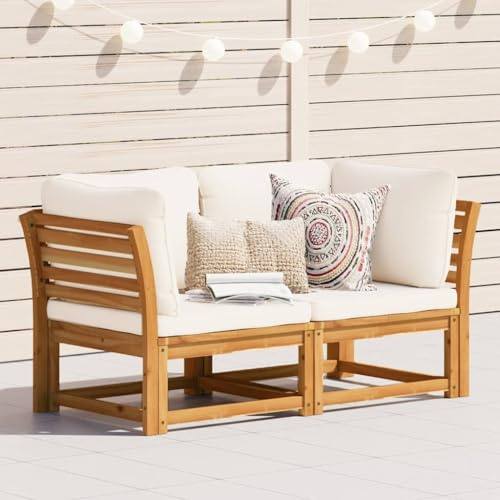 Hoopleep Gartensofa 2-Sitzer, Massivholz Akazie, Cremeweiße Kissen, Robustes Loungesofa für Terrasse, Balkon und Außenbereich, 146x73x65 cm