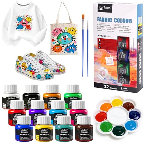 Peinture Textile Permanent, 12 Couleurs x 25ml Peinture Textile avec Pinceaux et Palette, Idéal pour T-shirts, Chaussures, Jeans, Sacs, Vêtements et Projets de Bricolage - Excellent Pouvoir Couvrant