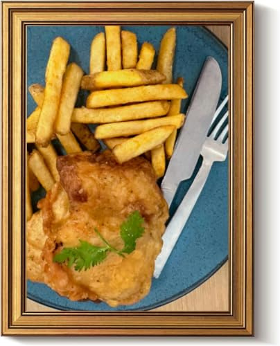 Vintage Gold Framed Wall Art Decor Retro Close up homemade battered cod and knife and fork served French fry Canvas Paintings Picture Poster Prints for Bathroom Living Room Bedroom Kitchen Artwork