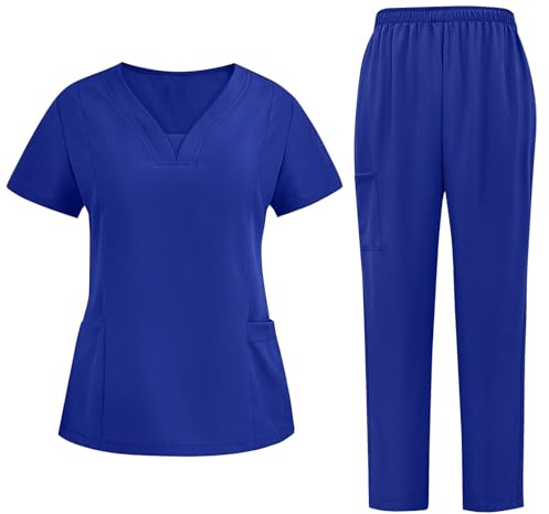 Divisa Infermiere Donna Divisa Sanitaria Set con Casacca e Pantalone Medico Manica Corta Camice da Laboratorio Elasticizzato Leggero Camice da Lavoro Officina Pulizie Uniformi Infermiere, S-XXL