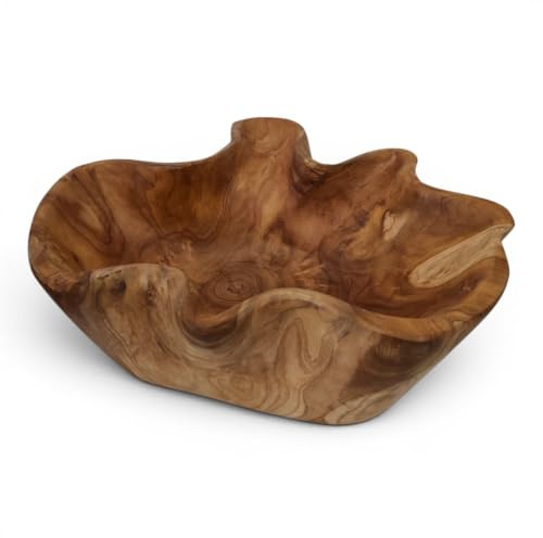 Kinaree Frutero de madera de teca, diámetro de 35 – 40 cm, cuenco grande de madera maciza, forma natural de madera auténtica, hecho a mano, único
