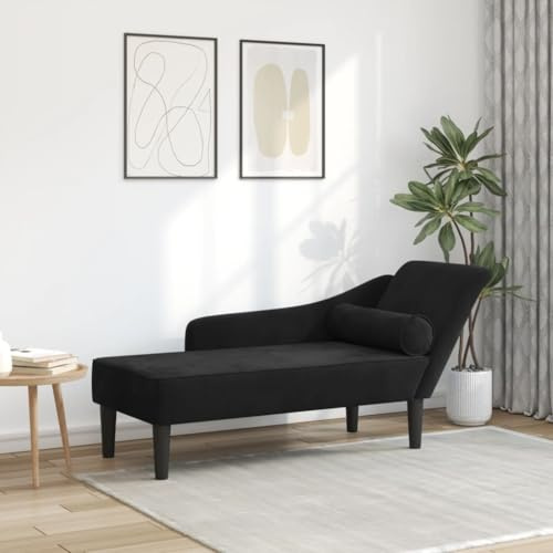 Pyvara Chaiselong solstol i sammet, svart med kudde, 141 x 55,5 x 66,5 cm, ergonomisk recamera med stoppning, ottoman för vardagsrum, sovrum, kontor, relaxfåtöljer med armstöd och fotstöd