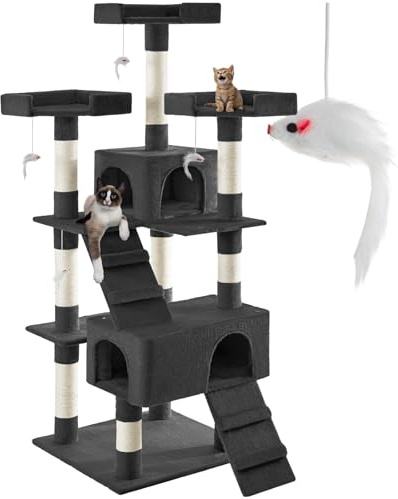 tectake® Katzen Kratzbaum groß, für Katzen und Kitten, mit 2X Katzenhaus, 4X Katzenspielzeug Spielmaus und 2X Katzenleiter zum Klettern, Kratzsäule Sisalseil, Kippschutz mit Wandmontage - schwarz