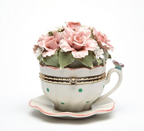 Cosmos Gifts 80048 Fine Porcelain Pink Rose Flowers with Butterfly Cup & Saucer Hinged Box Music Box Figurine (Music Tune: Everything is Beautiful), 4-1/2