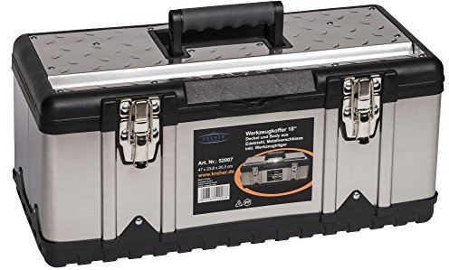 XL Werkzeugkoffer PROFI 18 aus Edelstahl mit robustem Kunststoff-Rahmen und herausnehmbaren Werkzeugträger. Mit Metallverschlüssen, abschließbar. Maße: 47 x 23,8 x 20,3 cm