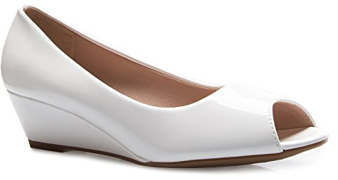 Olivia K Women's Classic Open Toe Kitten Heel Wedges | Dress, Work, Party Low Heeled White Patent