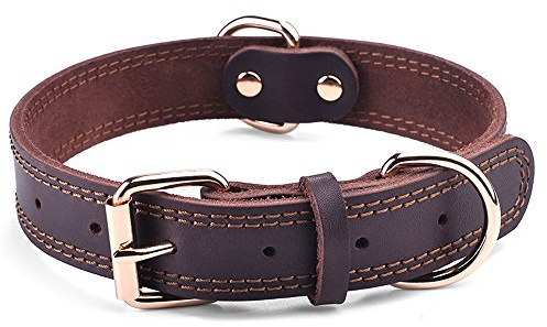 DAIHAQIKO Genuine Leather Dog Collar, Heavy Duty Wide Dog Collar for Small,Medium, Large and Extra Large Dog (L: 1.2 Wide for 17-23 Neck, Dual Stitch - Brown)