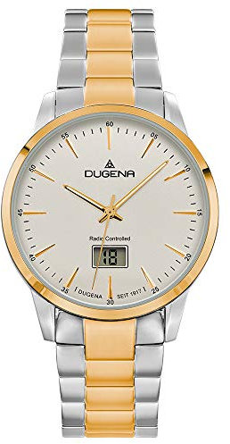 Dugena Herren-Armbanduhr Momentum, Funkuhrwerk, digitales Datum, Edelstahlgehäuse, Saphirglas, Edelstahlarmband, Faltschließe, 5 bar (Gold)