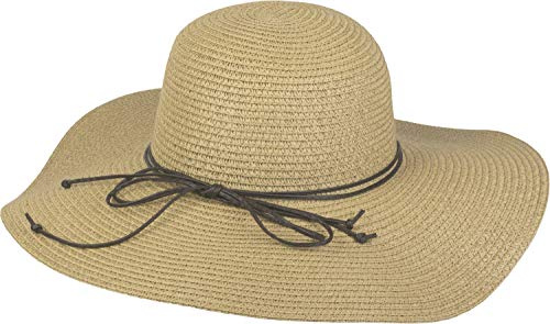 styleBREAKER Damen Strohhut Schleife Sonnenhut Kopfumfang 57cm | Breite Krempe. Kunstleder Zierband. Schweißband. Durchmesser 43cm. Höhe 12cm. Einheitsgröße. Sonnenschutz.