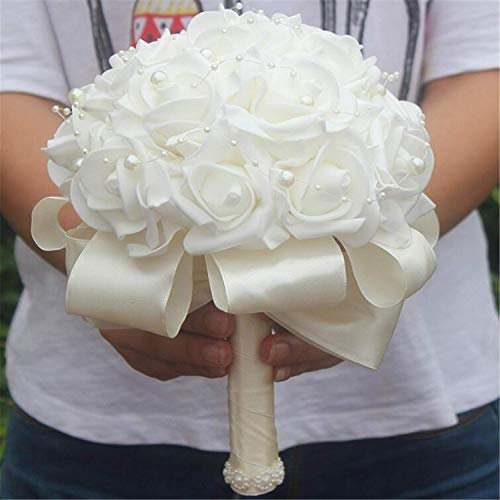 Pe Rosa Damigella Matrimonio Schiuma Fiori Sposa Bouquet Nastro Finto Fiori Matrimonio Bouquet, Sposa Damigella Mani Tiene Bouquet, Nastro Perla Fiori Artificiali Bouquet, Festa Matrimonio Forniture