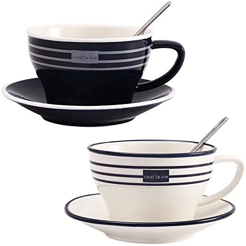 N+B Porcelain Cappuccino Cups with Saucers and Spoon,Coffee,Tea Cup - 250 ml/8.8 oz - Set of 2