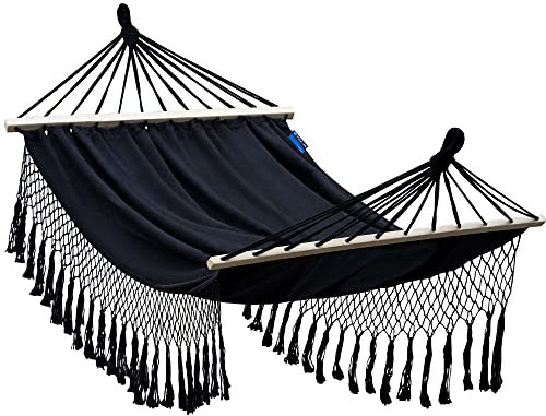 Potenza Hängematte Baumwolle Stabhängematte XXL 220 x 160 für 2 Personen, Belastbarkeit bis 200 kg Doppelhängematte (Santia-Schwarz)