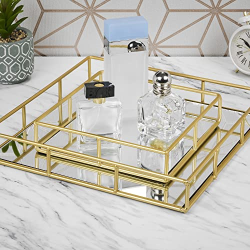 Set of 2 Metal Gold Decorative Mirror Trays Vanity Perfume Decor Candle Holders (Square)