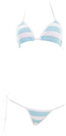 SINMIUANIME Kvinnor japansk stil anime underkläder sexig blå/rosa randig mikrobikini cosplay BH och trosa set (497 blå)