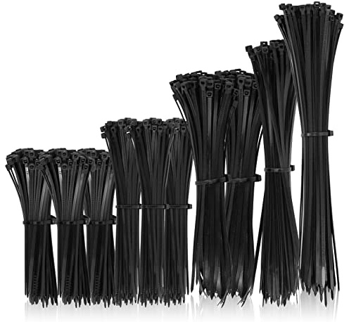 1000 Pieces Black Nylon Cable Ties Mixed Pack Heavy Duty Strong Self Locking Long Plastic Zip Tie Wraps Assorted Sizes 100/150/200/250/300mm Length 4/6/8/10/12 Inch, 2.5/3.6mm Width