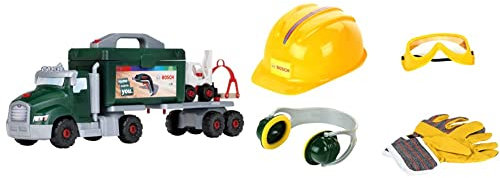 Theo Klein 8640 Bosch Schraubtruck Spiel-Set mit Ixolino I Konstruktions-Spielzeug mit Werkzeug, Gabelstapler und Kran & 8537 Bosch Zubehör-Set | Hochwertige Arbeitshandschuhe, Brille, Ohrenschützer