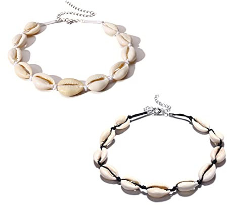XPEX 2 Stück Muschelkette, Muschelhalsband, Schmuckset, Muschel, Natur Boho, Handarbeit, Damen Accessoires schwarz/weiß