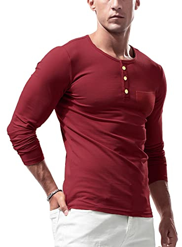 Uomo Basic Maglie a Manica Lunga Henley Magliette Casuale Tasca Frontale Muscolo Cime Vino Rosso M
