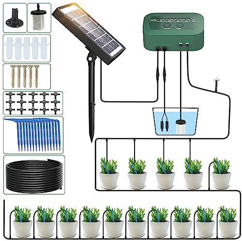 PChero Kit Irrigazione Automatica Solare con Timer, Sistema di Programmatore Irrigazione a Goccia Automatico con 15M Tubo per Giardino Vasi Balcone Prato